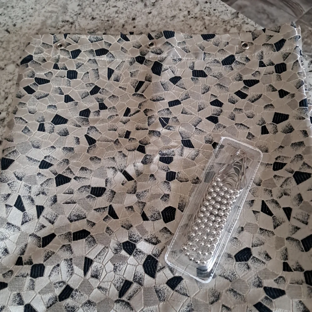 Heavy Weight Fabric Shower Curtain Gray, Black, And Silver With New Silver Hooks